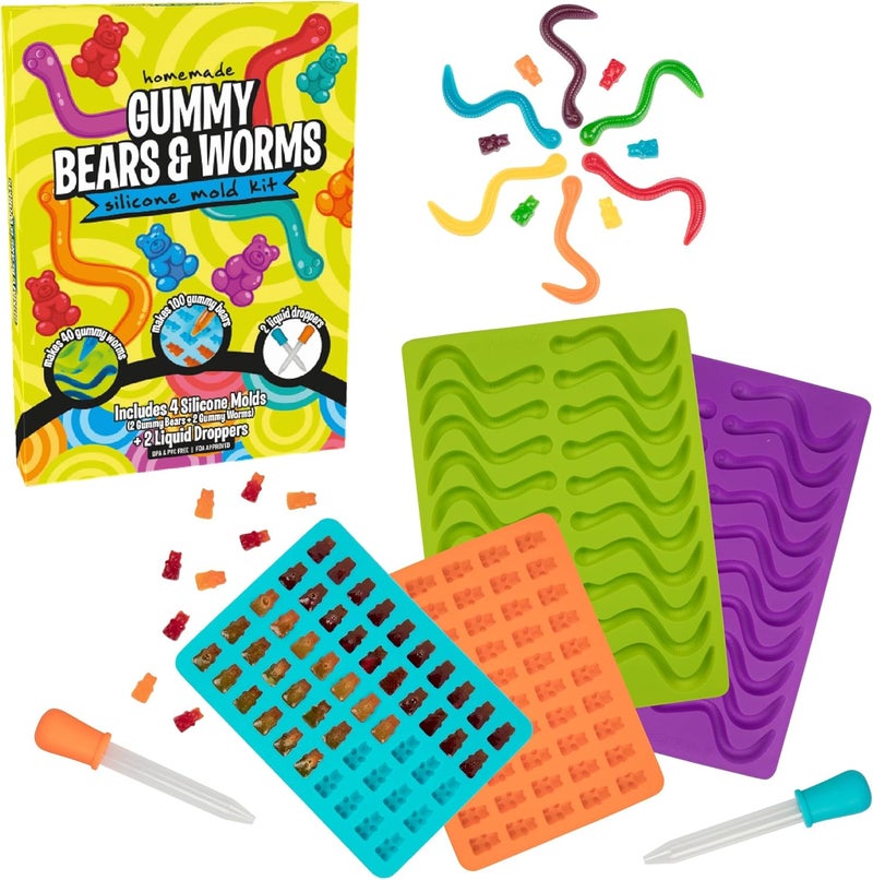 SCS Direct Gummy Bear & Worm Silicone Candy Molds (4pk) BPA-Free Nonstick Trays w 2 Droppers for Chocolate, Ice Cubes-Make 140 Candies for DIY Valentine's Day Party Treats, Winter Activities, Gifts, Party Favors - Image 1
